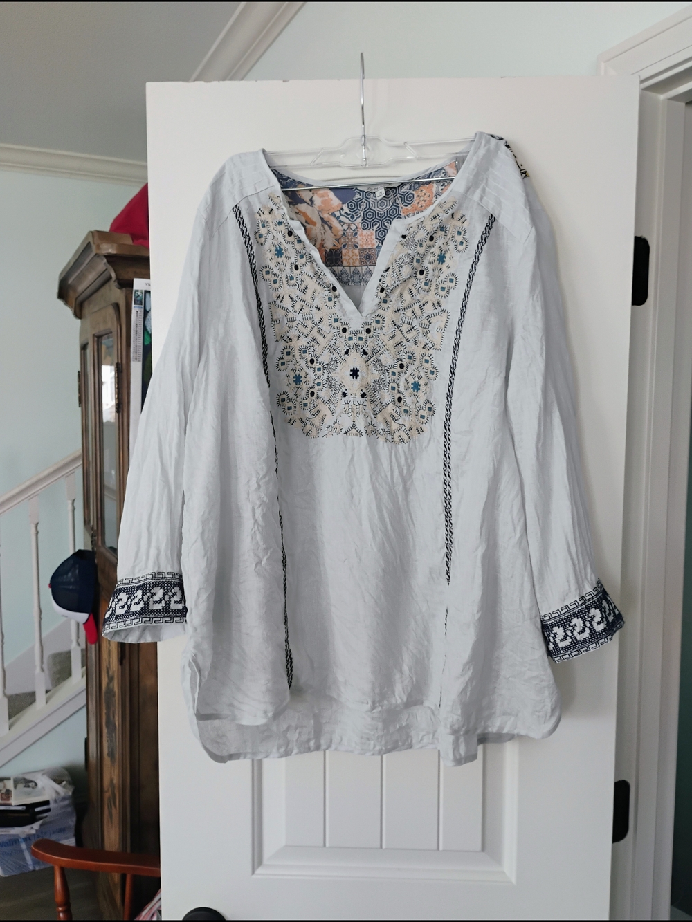 John Mark White Embroidered V-Neck Tunic with Navy Details